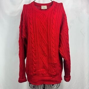 vintage Parkhurst red fisherman cable knit virgin wool crewneck sweater size M